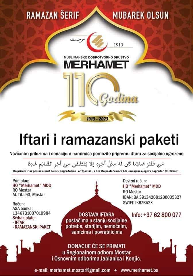 Merhamet Konjic u toku ramazana provodi akciju "Iftari i ramazanski paketi"
