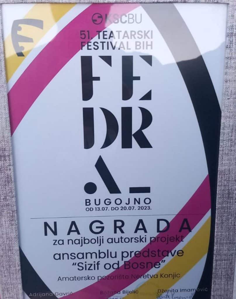ap "neretva" konjic na festivalu fedra u bugojnu dobilo nagradu za najbolji autorski projekat, predstavu "sizif od bosne"