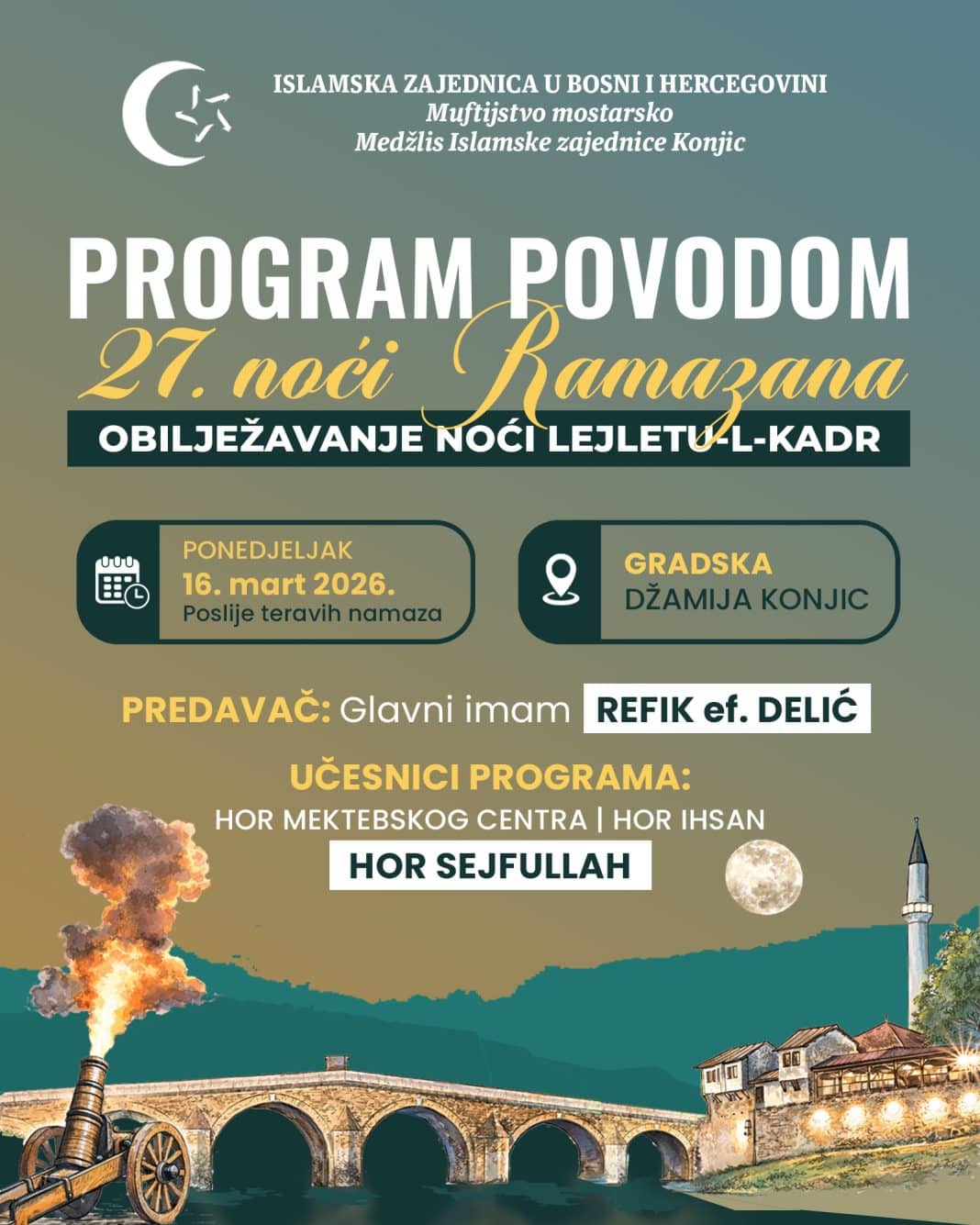 Konjic: U Gradskoj džamiji večeras centralni program povodom 27. noći ramazana
